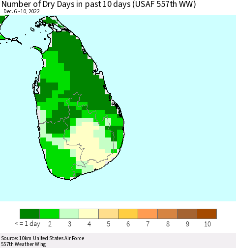 Sri Lanka Number of Dry Days in past 10 days (USAF 557th WW) Thematic Map For 12/6/2022 - 12/10/2022