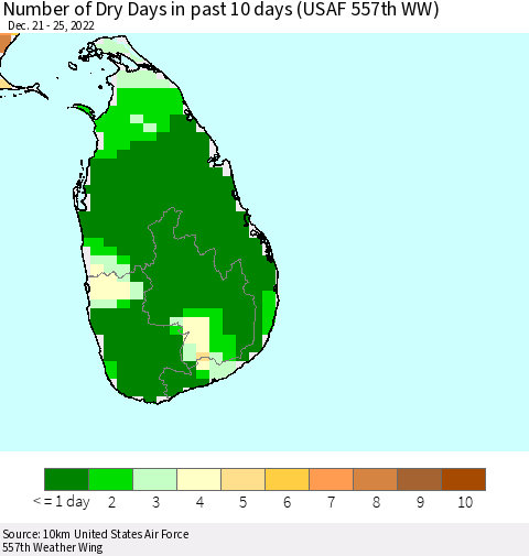 Sri Lanka Number of Dry Days in past 10 days (USAF 557th WW) Thematic Map For 12/21/2022 - 12/25/2022