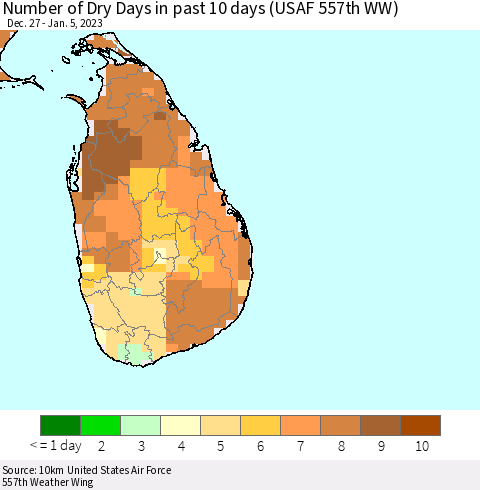 Sri Lanka Number of Dry Days in past 10 days (USAF 557th WW) Thematic Map For 1/1/2023 - 1/5/2023