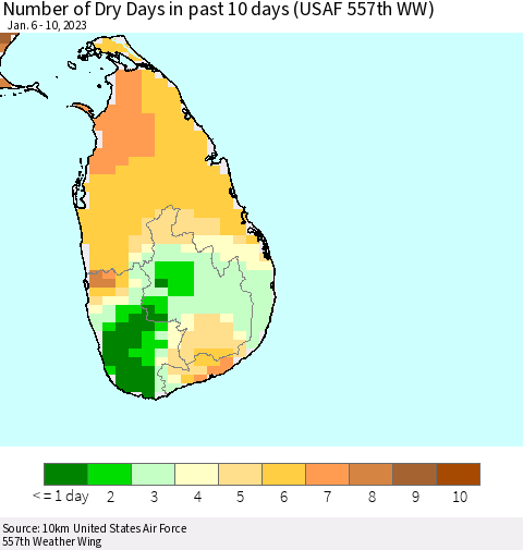 Sri Lanka Number of Dry Days in past 10 days (USAF 557th WW) Thematic Map For 1/6/2023 - 1/10/2023