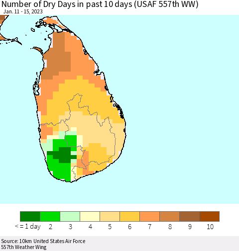 Sri Lanka Number of Dry Days in past 10 days (USAF 557th WW) Thematic Map For 1/11/2023 - 1/15/2023