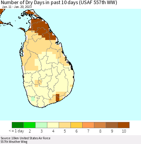 Sri Lanka Number of Dry Days in past 10 days (USAF 557th WW) Thematic Map For 1/16/2023 - 1/20/2023