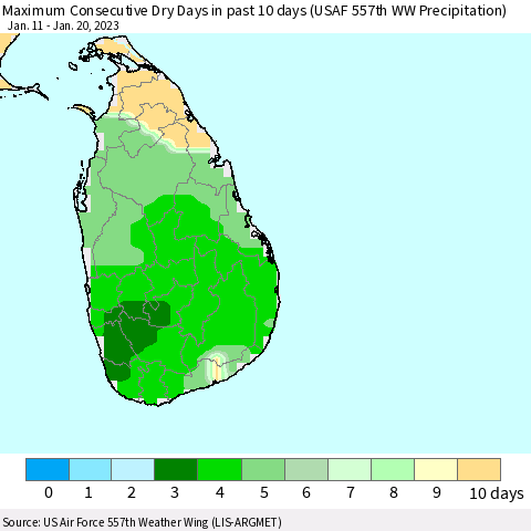 Sri Lanka Maximum Consecutive Dry Days in past 10 days (USAF 557th WW Precipitation) Thematic Map For 1/16/2023 - 1/20/2023