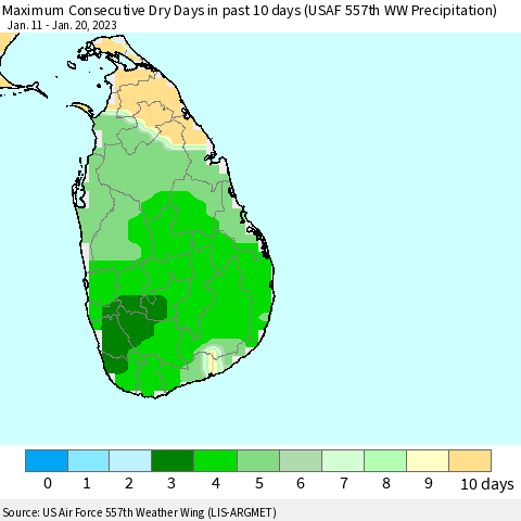 Sri Lanka Number of Dry Days in past 10 days (USAF 557th WW) Thematic Map For 1/16/2023 - 1/20/2023