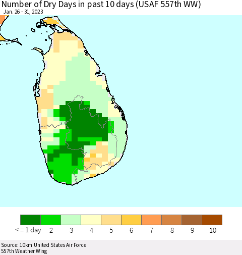 Sri Lanka Number of Dry Days in past 10 days (USAF 557th WW) Thematic Map For 1/26/2023 - 1/31/2023