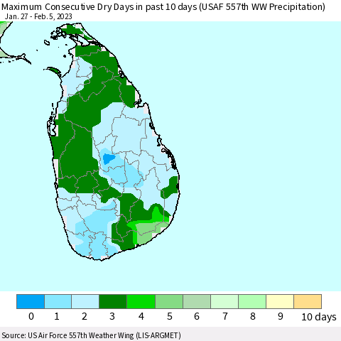 Sri Lanka Maximum Consecutive Dry Days in past 10 days (USAF 557th WW Precipitation) Thematic Map For 2/1/2023 - 2/5/2023