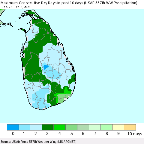 Sri Lanka Number of Dry Days in past 10 days (USAF 557th WW) Thematic Map For 2/1/2023 - 2/5/2023