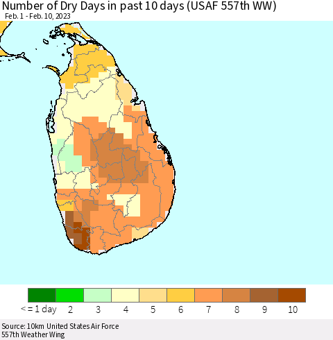 Sri Lanka Number of Dry Days in past 10 days (USAF 557th WW) Thematic Map For 2/6/2023 - 2/10/2023