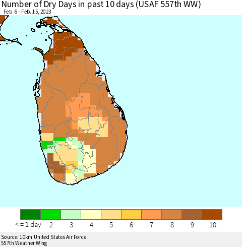 Sri Lanka Number of Dry Days in past 10 days (USAF 557th WW) Thematic Map For 2/11/2023 - 2/15/2023