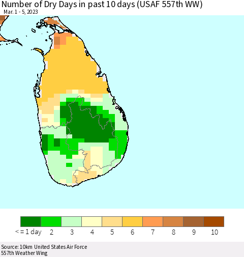 Sri Lanka Number of Dry Days in past 10 days (USAF 557th WW) Thematic Map For 3/1/2023 - 3/5/2023