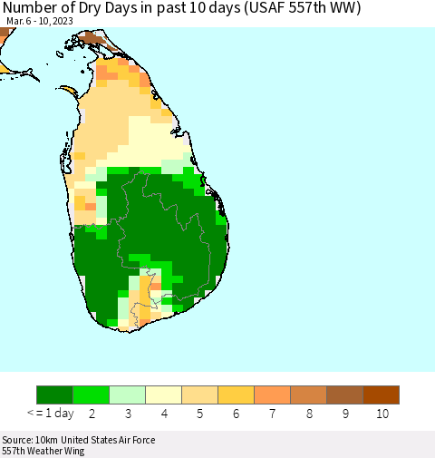Sri Lanka Number of Dry Days in past 10 days (USAF 557th WW) Thematic Map For 3/6/2023 - 3/10/2023