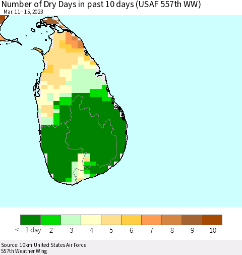 Sri Lanka Number of Dry Days in past 10 days (USAF 557th WW) Thematic Map For 3/11/2023 - 3/15/2023