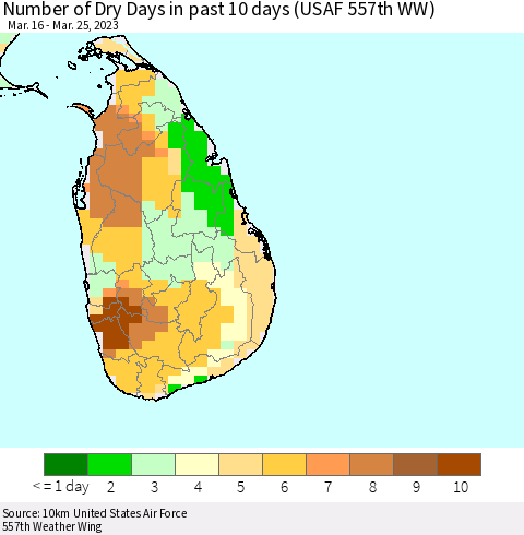 Sri Lanka Number of Dry Days in past 10 days (USAF 557th WW) Thematic Map For 3/21/2023 - 3/25/2023