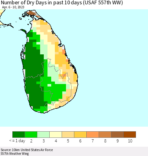 Sri Lanka Number of Dry Days in past 10 days (USAF 557th WW) Thematic Map For 4/6/2023 - 4/10/2023