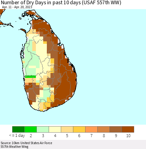 Sri Lanka Number of Dry Days in past 10 days (USAF 557th WW) Thematic Map For 4/16/2023 - 4/20/2023