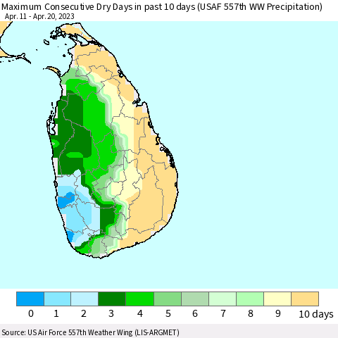 Sri Lanka Maximum Consecutive Dry Days in past 10 days (USAF 557th WW Precipitation) Thematic Map For 4/16/2023 - 4/20/2023