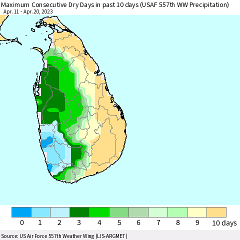 Sri Lanka Number of Dry Days in past 10 days (USAF 557th WW) Thematic Map For 4/16/2023 - 4/20/2023