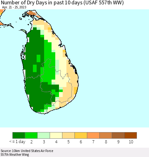 Sri Lanka Number of Dry Days in past 10 days (USAF 557th WW) Thematic Map For 4/21/2023 - 4/25/2023