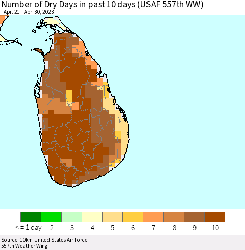 Sri Lanka Number of Dry Days in past 10 days (USAF 557th WW) Thematic Map For 4/26/2023 - 4/30/2023