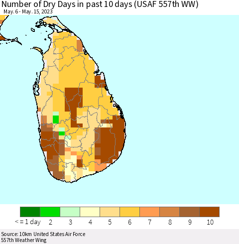 Sri Lanka Number of Dry Days in past 10 days (USAF 557th WW) Thematic Map For 5/11/2023 - 5/15/2023
