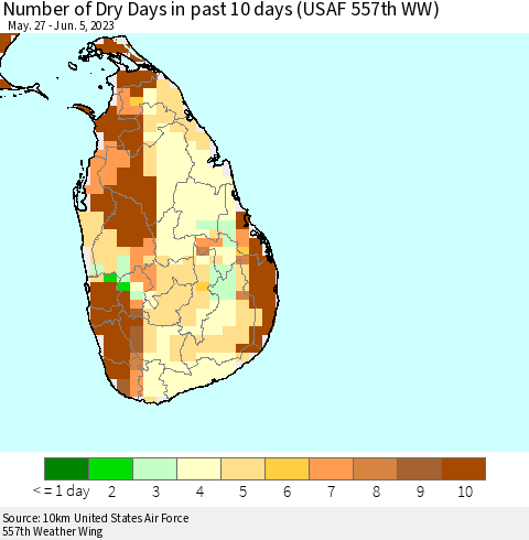 Sri Lanka Number of Dry Days in past 10 days (USAF 557th WW) Thematic Map For 6/1/2023 - 6/5/2023