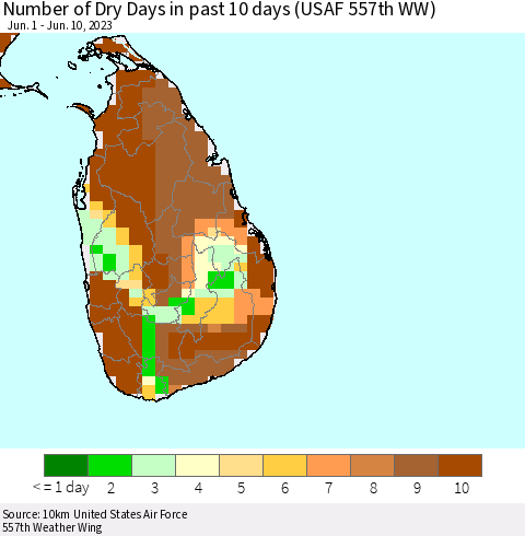 Sri Lanka Number of Dry Days in past 10 days (USAF 557th WW) Thematic Map For 6/6/2023 - 6/10/2023
