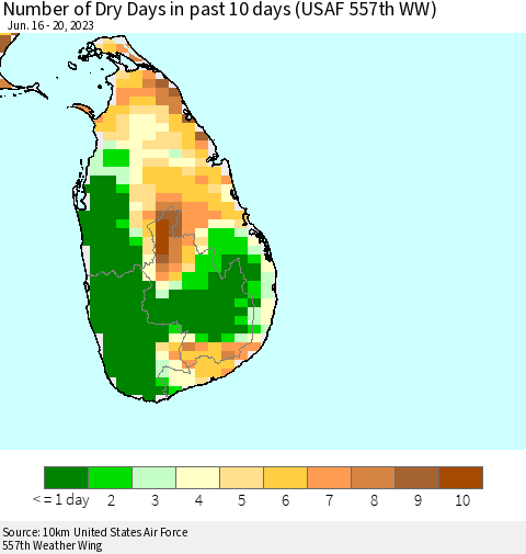 Sri Lanka Number of Dry Days in past 10 days (USAF 557th WW) Thematic Map For 6/16/2023 - 6/20/2023