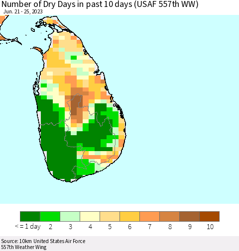 Sri Lanka Number of Dry Days in past 10 days (USAF 557th WW) Thematic Map For 6/21/2023 - 6/25/2023