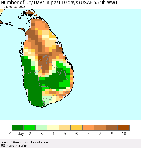 Sri Lanka Number of Dry Days in past 10 days (USAF 557th WW) Thematic Map For 6/26/2023 - 6/30/2023