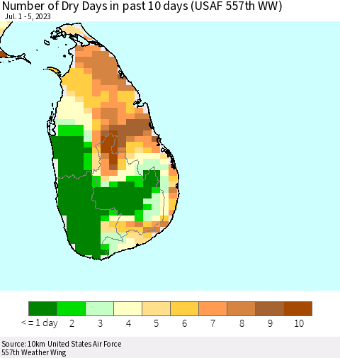 Sri Lanka Number of Dry Days in past 10 days (USAF 557th WW) Thematic Map For 7/1/2023 - 7/5/2023