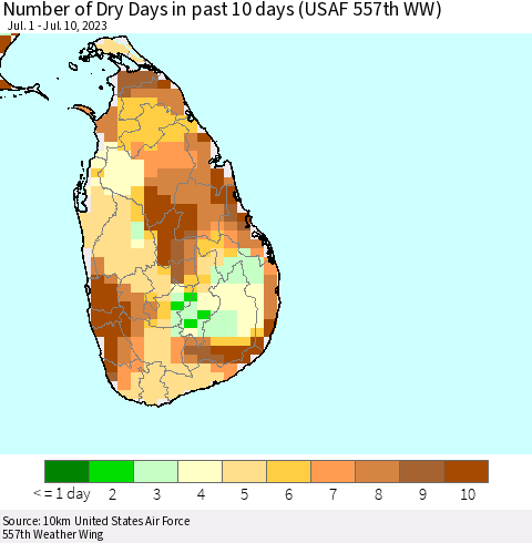 Sri Lanka Number of Dry Days in past 10 days (USAF 557th WW) Thematic Map For 7/6/2023 - 7/10/2023