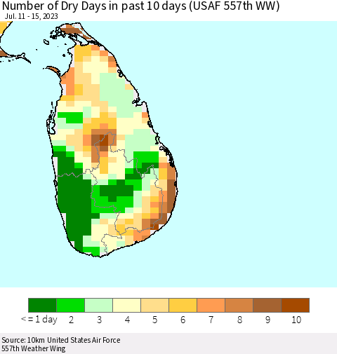 Sri Lanka Number of Dry Days in past 10 days (USAF 557th WW) Thematic Map For 7/11/2023 - 7/15/2023