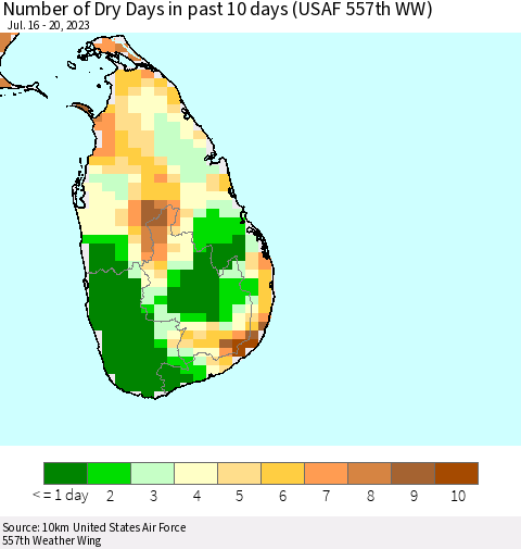 Sri Lanka Number of Dry Days in past 10 days (USAF 557th WW) Thematic Map For 7/16/2023 - 7/20/2023