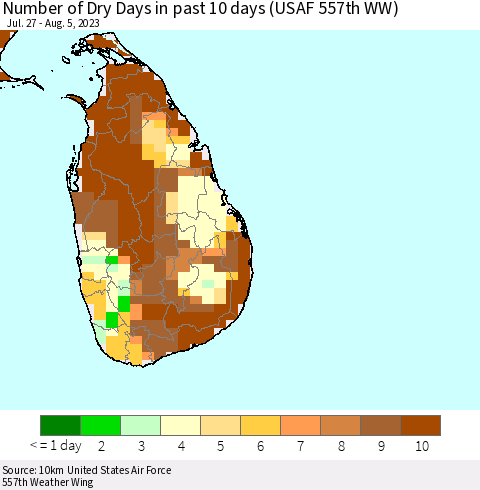 Sri Lanka Number of Dry Days in past 10 days (USAF 557th WW) Thematic Map For 8/1/2023 - 8/5/2023