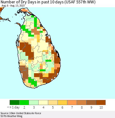Sri Lanka Number of Dry Days in past 10 days (USAF 557th WW) Thematic Map For 8/11/2023 - 8/15/2023