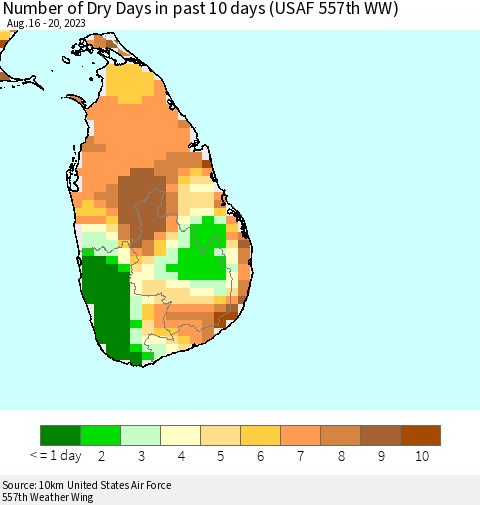 Sri Lanka Number of Dry Days in past 10 days (USAF 557th WW) Thematic Map For 8/16/2023 - 8/20/2023