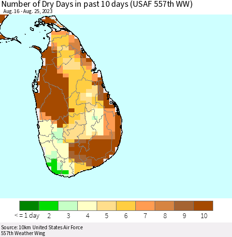 Sri Lanka Number of Dry Days in past 10 days (USAF 557th WW) Thematic Map For 8/21/2023 - 8/25/2023
