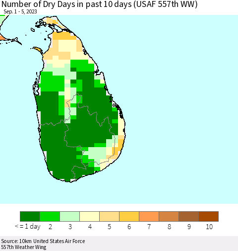 Sri Lanka Number of Dry Days in past 10 days (USAF 557th WW) Thematic Map For 9/1/2023 - 9/5/2023
