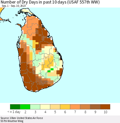 Sri Lanka Number of Dry Days in past 10 days (USAF 557th WW) Thematic Map For 9/6/2023 - 9/10/2023