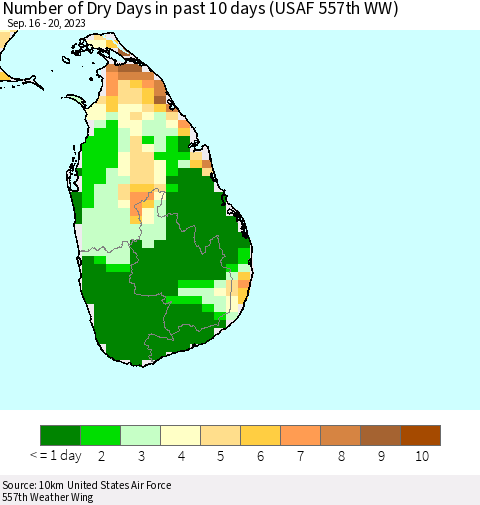 Sri Lanka Number of Dry Days in past 10 days (USAF 557th WW) Thematic Map For 9/16/2023 - 9/20/2023