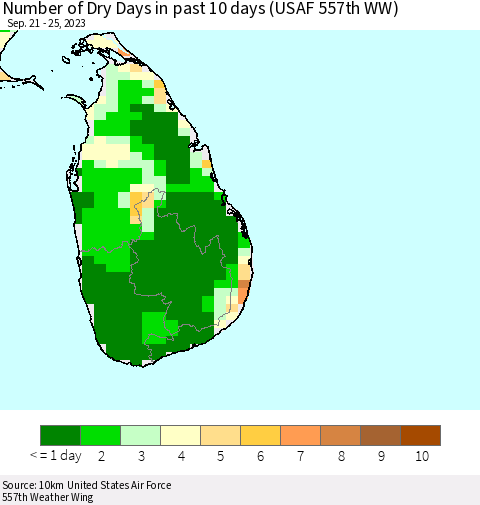 Sri Lanka Number of Dry Days in past 10 days (USAF 557th WW) Thematic Map For 9/21/2023 - 9/25/2023