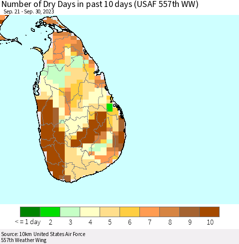 Sri Lanka Number of Dry Days in past 10 days (USAF 557th WW) Thematic Map For 9/26/2023 - 9/30/2023