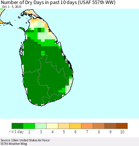 Sri Lanka Number of Dry Days in past 10 days (USAF 557th WW) Thematic Map For 10/1/2023 - 10/5/2023