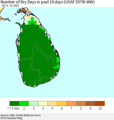 Sri Lanka Number of Dry Days in past 10 days (USAF 557th WW) Thematic Map For 10/6/2023 - 10/10/2023