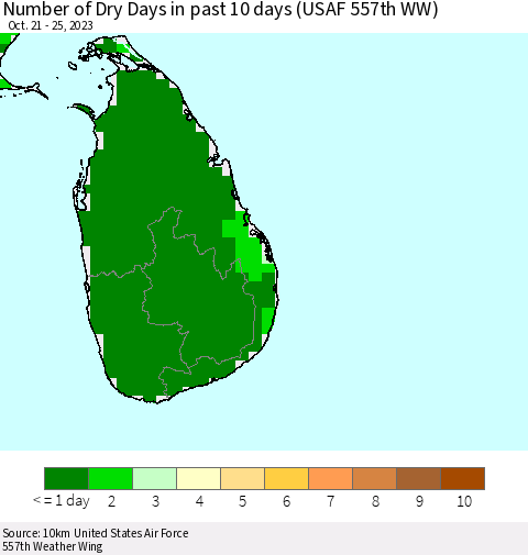 Sri Lanka Number of Dry Days in past 10 days (USAF 557th WW) Thematic Map For 10/21/2023 - 10/25/2023