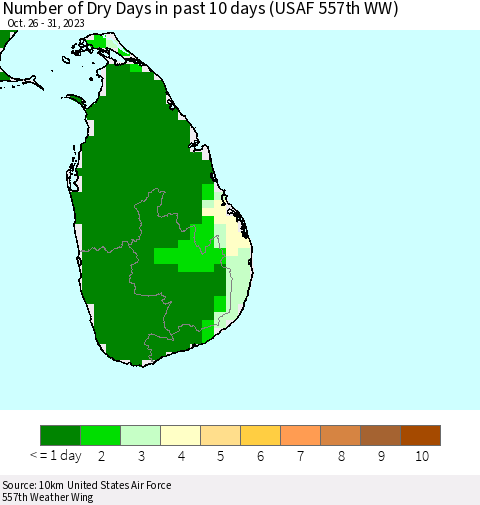 Sri Lanka Number of Dry Days in past 10 days (USAF 557th WW) Thematic Map For 10/26/2023 - 10/31/2023