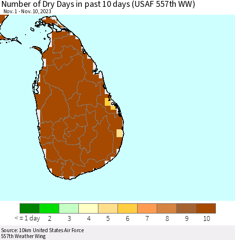 Sri Lanka Number of Dry Days in past 10 days (USAF 557th WW) Thematic Map For 11/6/2023 - 11/10/2023