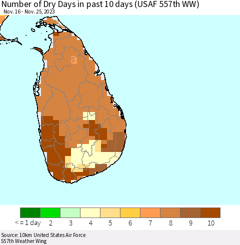 Sri Lanka Number of Dry Days in past 10 days (USAF 557th WW) Thematic Map For 11/21/2023 - 11/25/2023