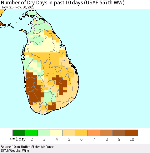 Sri Lanka Number of Dry Days in past 10 days (USAF 557th WW) Thematic Map For 11/26/2023 - 11/30/2023