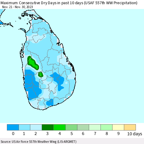 Sri Lanka Maximum Consecutive Dry Days in past 10 days (USAF 557th WW Precipitation) Thematic Map For 11/26/2023 - 11/30/2023